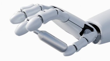 Üç boyutlu bir robot el ve beyaz arka planda izole edilmiş bir şampuan şişesi.