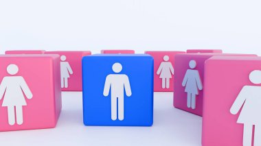 3d rendering of a single blue cube representing a male surrounded by multiple pink cubes representing females. clipart