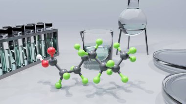 A 3D rendering of perfluorooctanoic acid (PFOA) molecules is showcased alongside various laboratory glassware, depicting a scientific research or analysis setting involving PFOA. clipart