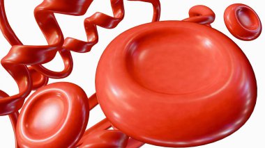 Üç boyutlu dağınık kırmızı kan hücreleri veya eritrositler ve protein molekülleri. Bu proteinler ve kırmızı kan hücreleri içindeki hemoglobin molekülleri arasındaki etkileşim.
