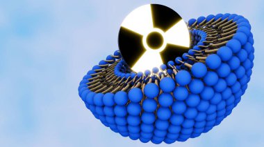 3 boyutlu liposom ve radyoaktif sembol. Tıbbi uygulamalarda potansiyelleri var, özellikle görüntüleme ve hedef terapisinde..