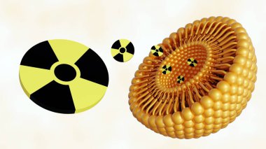 3 boyutlu liposom ve radyoaktif sembol. Tıbbi uygulamalarda potansiyelleri var, özellikle görüntüleme ve hedef terapisinde..