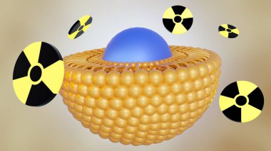 3 boyutlu liposom ve radyoaktif sembol. Tıbbi uygulamalarda potansiyelleri var, özellikle görüntüleme ve hedef terapisinde..
