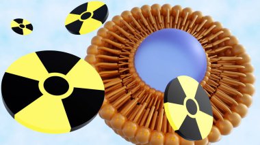 3 boyutlu liposom ve radyoaktif sembol. Tıbbi uygulamalarda potansiyelleri var, özellikle görüntüleme ve hedef terapisinde..