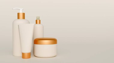 Pompa şişesi, kavanoz ve tüp dahil olmak üzere üç boyutlu cilt ürünleri koleksiyonu..