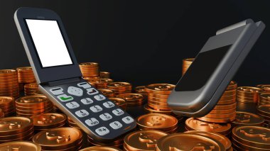 Klasik bir kapaklı telefonun 3 boyutlu görüntülenmesi ve altın para yığını, eski bir dönemin sembolik tasarımı tatmin edici takla atma mekanizmasını gözler önüne seriyor..