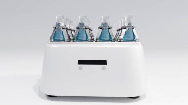 Laboratuvar yörünge sallayıcısının 3D görüntülemesi birden fazla matara barındırır, kıskaçlarla sabitlenir.