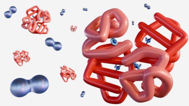 Oksijen moleküllerini bağlayan hemoglobinin moleküler yapısının 3 boyutlu görüntülenmesi, protein ve oksijen molekülleri arasındaki dinamik etkileşim.