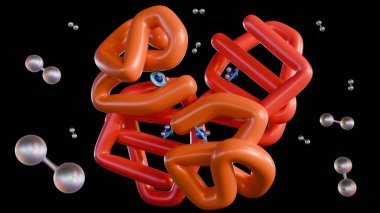 Oksijen moleküllerini bağlayan hemoglobinin moleküler yapısının 3 boyutlu görüntülenmesi, protein ve oksijen molekülleri arasındaki dinamik etkileşim.