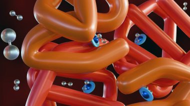 Oksijen moleküllerini bağlayan hemoglobinin moleküler yapısının 3 boyutlu görüntülenmesi, protein ve oksijen molekülleri arasındaki dinamik etkileşim.