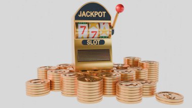 Klasik bir slot makinesi ve etrafa saçılmış altın para yığınının 3 boyutlu görüntülenmesi