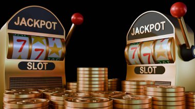 Klasik bir slot makinesi ve etrafa saçılmış altın para yığınının 3 boyutlu görüntülenmesi