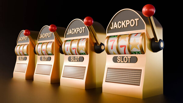 A 3d rendering of classic slot machine with three spinning reels displaying the winning combination of 7s.