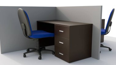 Dört boş bölmesi olan 3 boyutlu kompakt ofis düzeni. Her çalışma yerinde çekmeceleri ve mavi sandalyesi olan bir masa var..