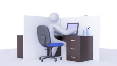 Bölünmüş çalışma alanının 3 boyutlu animasyonu masa, sandalye, bilgisayar ve çeşitli ofis malzemeleri ile donatılmıştır ve dört çalışan masalarında oturmaktadır.