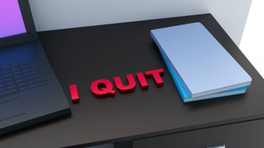 'I QUIT' kelimesinin 3D yorumlanması, bir istifanın temsili olan koyu kırmızı harflerle yazılır.