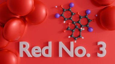 3d rendering of molecular structure of Red No. 3 and scattered red circular candies clipart