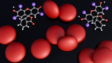 3d rendering of molecular structure of Red No. 3 and scattered red circular candies clipart