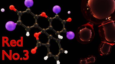 3d rendering of molecular structure of Red No. 3, a synthetic food dye commonly used to impart a bright red color to various food and beverage products. clipart