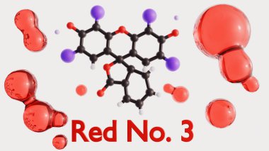 3d rendering of molecular structure of Red No. 3, a synthetic food dye commonly used to impart a bright red color to various food and beverage products. clipart