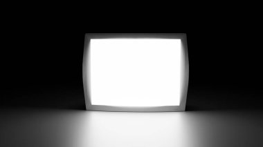 Eski tarz televizyonun 3 boyutlu yansıması, ekranları parlak, beyaz bir ışıkla aydınlatılıyor, karanlık bir arka plana karşı..