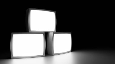 Eski tarz televizyonun 3 boyutlu yansıması, ekranları parlak, beyaz bir ışıkla aydınlatılıyor, karanlık bir arka plana karşı..