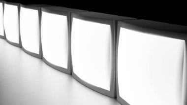 Eski tarz televizyonun 3 boyutlu yansıması, ekranları parlak, beyaz bir ışıkla aydınlatılıyor, karanlık bir arka plana karşı..