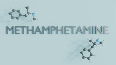 Methamphetamine 'in moleküler yapısı, uyarıcı bir uyuşturucu; 3D görüntüleme