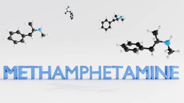 Methamphetamine 'in moleküler yapısı, uyarıcı bir uyuşturucu; 3D görüntüleme