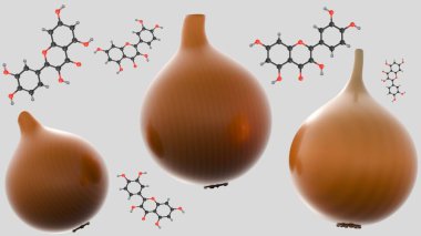 A 3d rendering of chemical structure formula of Quercetin and group of chartreuse onions clipart