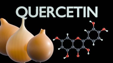 Quercetin 'in kimyasal yapı formülü ve şartröz soğan grubunun 3 boyutlu bir canlandırması