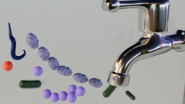 3d rendering of a faucet is contaminated with bacteria, primarily due to poor hygiene practices. clipart