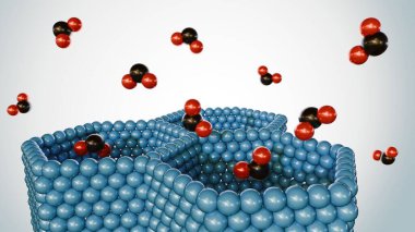 Mg-MOF-74 'ün CO2 molekülleri ve güçlü bağlayıcı ve CO2 alımına olanak sağlayan silindirik gözenekli yapısının 3 boyutlu görüntülenmesi