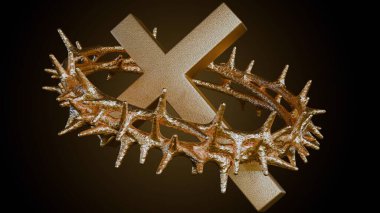 A 3d rendering of crown of thorns, a symbol of suffering and redemption, rests gently upon the cross, its sharp points a stark reminder of the price paid for salvation. clipart