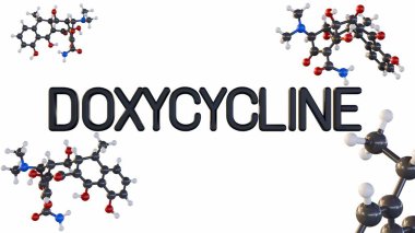 Doxycycline molekülünün izole edilmiş üç boyutlu top ve sopa modeli. Doxycycline çeşitli bakteriyel enfeksiyonları tedavi etmek için kullanılan tetrasiklin antibiyotik bir ilaçtır..