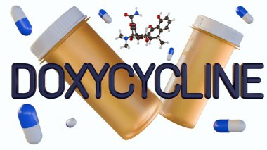 3d rendering of pill bottle, capsules, molecular structure, and text representation of doxycycline against white background clipart