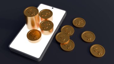 Yığınlar ve dağınık altın sikkeler ile çevrili, çevrimiçi zenginliği, mobil bankacılığı veya dijital işlemleri sembolize eden, boş beyaz ekranlı bir akıllı telefonun 3D görüntülemesi.
