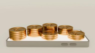 Beyaz ekranlı akıllı telefondan çıkan altın para yığınlarının 3 boyutlu animasyonu çevrimiçi zenginlik, mobil bankacılık veya dijital işlemleri sembolize eder.