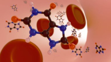 3 boyutlu ürik asit molekülleri ve kan damarlarında kırmızı kan hücreleri oluşturuluyor. Hiperurikemi kanda çok fazla ürik asit olduğunda meydana gelir..