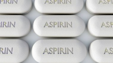 Beyaz oblong aspirin tabletlerinin üç boyutlu yorumlanması beyaz bir yüzey üzerinde kümelenmiştir. 