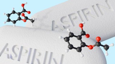 3d rendering of aspirin drugs and floating acetylsalicylic acid molecule clipart