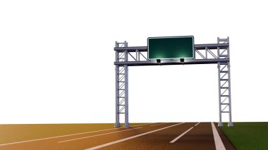 Üç boyutlu bir çizim, çelik bir kirişe monte edilmiş ve aşağıdan aydınlatılmış metal bir üstüste yapıya sabitlenmiş gümüş çerçeveli yeşil dikdörtgen tabelalar tasvir eder..