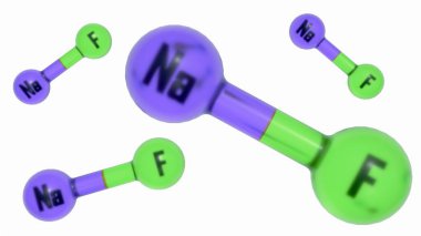 3 boyutlu sodyum florür veya NaF molekülü. Diş çürümesini önlemek için küçük miktarlarda kullanılan bir inorganik bileşiktir..