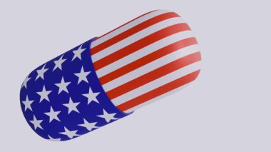 Kapsül şeklinde bir hapın 3 boyutlu animasyonu Amerika Birleşik Devletleri bayrağını sergiliyor.