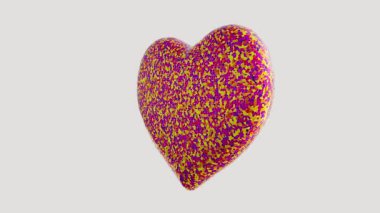 Beyaz arka planda pembe mozaik desenli dönen kalp şeklinin 3 boyutlu animasyonu.
