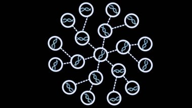 3 boyutlu DNA sarmalı çizimi. Genler ya da biyolojik elementler karmaşık bir sistem içinde birbiriyle bağlantılıdır. Genomik, sistem biyolojisi, biyoenformatik veya biyolojik ağlar.