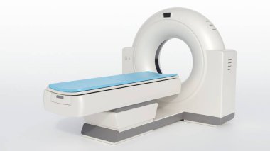 Modern tomografi ya da bilgisayarlı tomografi tarayıcısının 3 boyutlu görüntülemesi. Gri aksanlı bir taban tarafından desteklenmektedir..