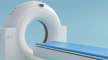 Modern tomografi ya da bilgisayarlı tomografi tarayıcısının 3 boyutlu görüntülemesi. Gri aksanlı bir taban tarafından desteklenmektedir..