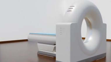 Modern bir tomografi ya da bilgisayarlı tomografi tarayıcısının 3 boyutlu animasyonu. Gri aksanlı bir taban tarafından desteklenmektedir..