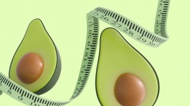 Avokado 'nun 3 boyutlu animasyonu ve bir ölçüm bandı, diyet, sağlık ve ağırlık yönetimi temaları iletiliyor.